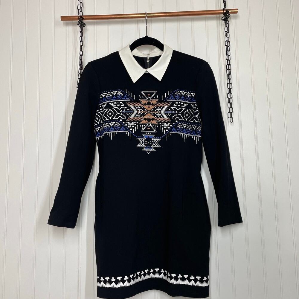 Unbranded Womens Mini Sheath Dress Black Collared Long Sleeve Tribal Print S